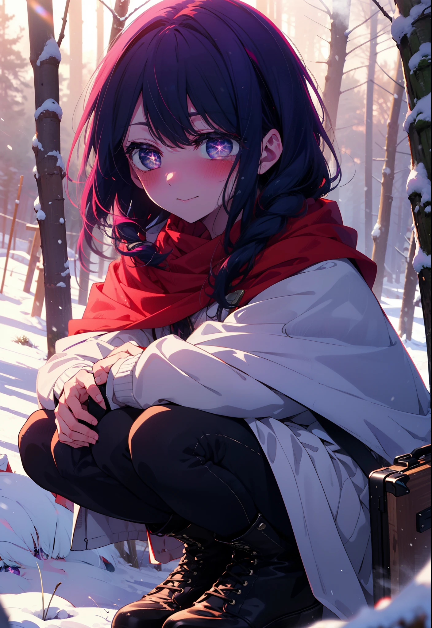aihoshino, Ai Hoshino, Long Hair, bangs, (Purple eyes:1.1), Purple Hair, (Symbol-shaped pupil:1.5), smile,,smile,blush,white breath,
Open your mouth,snow,Ground bonfire, Outdoor, boots, snowing, From the side, wood, suitcase, Cape, Blurred, , forest, White handbag, nature,  Squat, Mouth closed, Cape, winter, Written boundary depth, Black shoes, red Cape break looking at viewer, Upper Body, whole body, break Outdoor, forest, nature, break (masterpiece:1.2), Highest quality, High resolution, unity 8k wallpaper, (shape:0.8), (Beautiful and beautiful eyes:1.6), Highly detailed face, Perfect lighting, Extremely detailed CG, (Perfect hands, Perfect Anatomy),