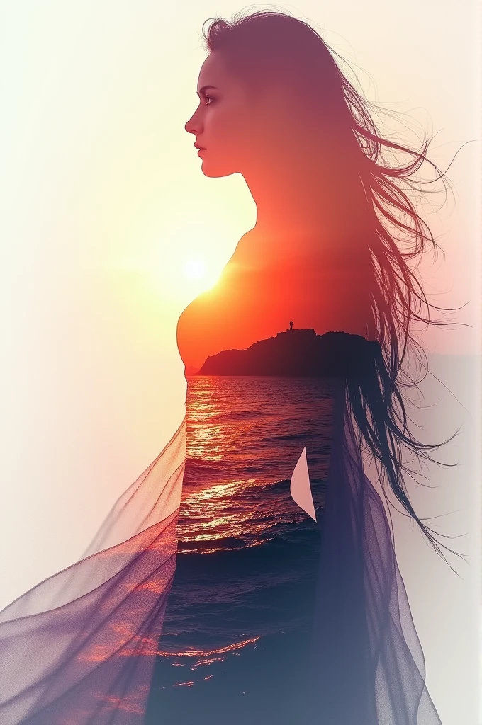 high quality, 8K Ultra HD, A beautiful double exposure that combines an goddess silhouette with sunset coast, sunset coast should serve as the underlying backdrop, with its details incorporated into the goddess , crisp lines, The background is monochrome, sharp focus, double exposure, by yukisakura, awesome full color,