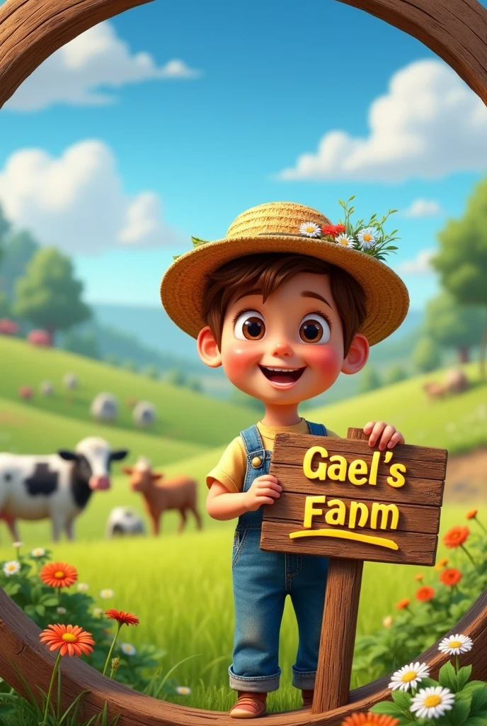 I need an animated image of a farm with a brown-haired child holding a sign that says "Gael's farm"
with a number 3 (for his three years)
It should have a circular frame and the outside should be made of wood and the child should have a hat
The sign the child is holding is where it should say "Gael's farm"
