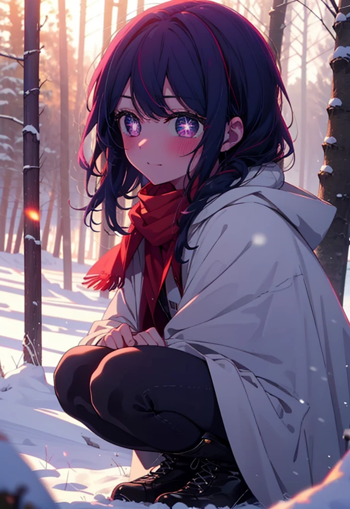 aihoshino, Ai Hoshino, Long Hair, bangs, (Purple eyes:1.1), Purple Hair, (Symbol-shaped pupil:1.5), smile,,smile,blush,white breath,
Open your mouth,snow,Ground bonfire, Outdoor, boots, snowing, From the side, wood, suitcase, Cape, Blurred, , forest, White handbag, nature, Squat, Mouth closed, Cape, winter, Written boundary depth, Black shoes, red Cape break looking at viewer, Upper Body, whole body, break Outdoor, forest, nature, break (masterpiece:1.2), Highest quality, High resolution, unity 8k wallpaper, (shape:0.8), (Beautiful and beautiful eyes:1.6), Highly detailed face, Perfect lighting, Extremely detailed CG, (Perfect hands, Perfect Anatomy),