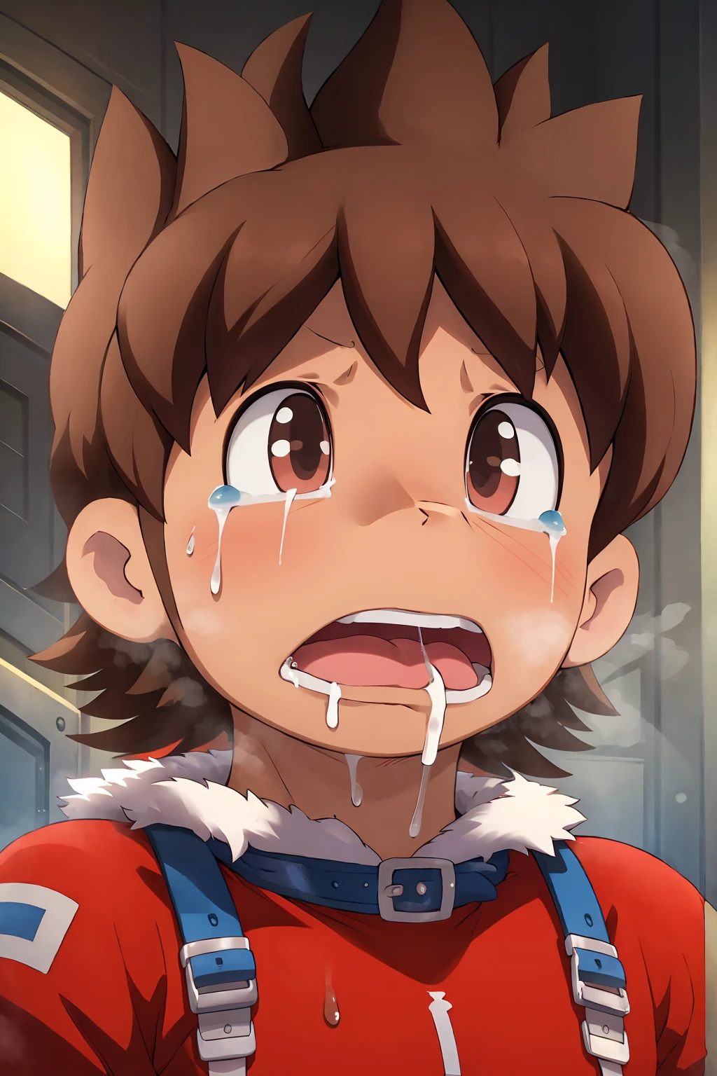 Huge muscles,Crying face,Lots of drool and sweat,Harness