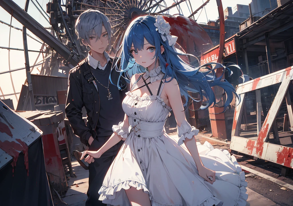 Realistic photos, Focus distance 10mm, Red and white, Beautiful girl, Realistic photos, Shooting at focus distance 10mm, masterpiece, 最high quality, high quality, Very detailed CG 8k wallpaper unit, Award-winning photography, Depth of written boundary, High resolution, bloom, chromatic aberration, Realistic, Very detailed, Art Station Trends, CGsociety Trends, Complex, High detail, dramatic, Art on the go, volumetric lighting, A beautiful girl with blue hair and a bloody white dress confronts a zombie wandering in front of a Ferris wheel at an old amusement park