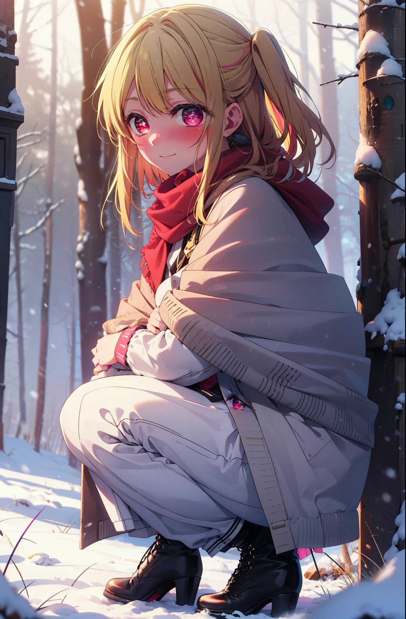 rubyhoshino, Hoshino Ruby, Long Hair, bangs, blonde, (Pink Eyes:1.3), Side Lock, (Symbol-shaped pupil:1.5), Multicolored Hair, Two-tone hair, smile,,smile,blush,white breath,
Open your mouth,snow,Ground bonfire, Outdoor, boots, snowing, From the side, wood, suitcase, Cape, Blurred, , forest, White handbag, nature, Squat, Mouth closed, Cape, winter, Written boundary depth, Black shoes, red Cape break looking at viewer, Upper Body, whole body, break Outdoor, forest, nature, break (masterpiece:1.2), Highest quality, High resolution, unity 8k wallpaper, (shape:0.8), (Beautiful and beautiful eyes:1.6), Highly detailed face, Perfect lighting, Extremely detailed CG, (Perfect hands, Perfect ???????),