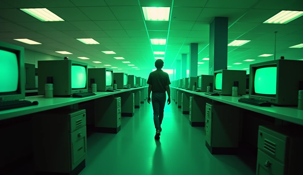A tracking shot following a programmer in a computer lab. The camera follows a young programmer walking through a 1980s computer lab, passing by large computers and green phosphor screens. The continuous camera movement creates a sense of dynamism, symbolizing the rapid advancement of technology. Camera: Canon C500 Mark II; Lens: 24-105mm Zoom Lens. Artistic Reference: Aesthetic inspired by 1980s cyberpunk films like "Blade Runner," with a neon color palette and contrasting lighting.