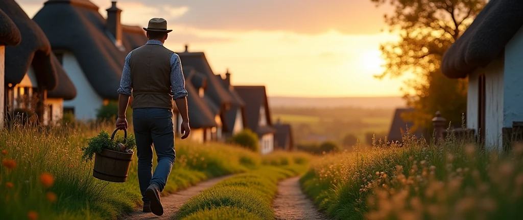 An image of a country gentleman, carrying a bucket, going home, em um vilarejo, country man, photo realist, image from bottom to top, horizon line  