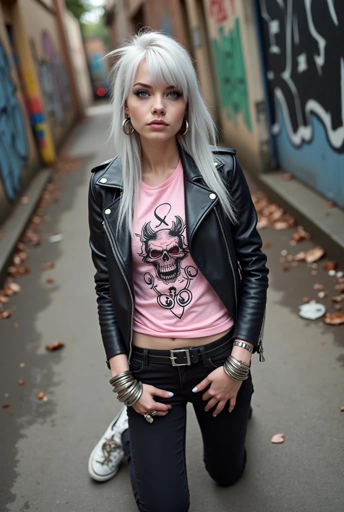 russian milf woman, biker gang member, grey hair (pompadour with shaved sides), with very light blue eyes, extremely pale, heavy eye shadows. Thin. Sad face, smeared excessive make up and lipstick Wearing black moto jacket, cropped t-shirt with devil logo, skinny black jeans and white tennis sneakers . Lots of metallic bracelets and inverted crucifix pendants. Tacky leather belt with oversized, excessive silver buckle. Hands in prayer, kneeling in the street. Wide loop earrings
