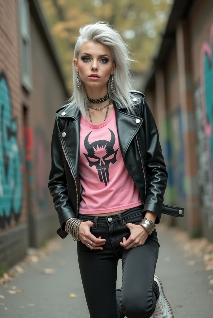 russian milf woman, biker gang member, grey hair (pompadour with shaved sides), with very light blue eyes, extremely pale, heavy eye shadows. Thin. Sad face, smeared excessive make up and lipstick Wearing black moto jacket, cropped t-shirt with devil logo, skinny black jeans and white tennis sneakers . Lots of metallic bracelets and inverted crucifix pendants. Tacky leather belt with oversized, excessive silver buckle. Hands in prayer, kneeling in the street. Wide loop earrings