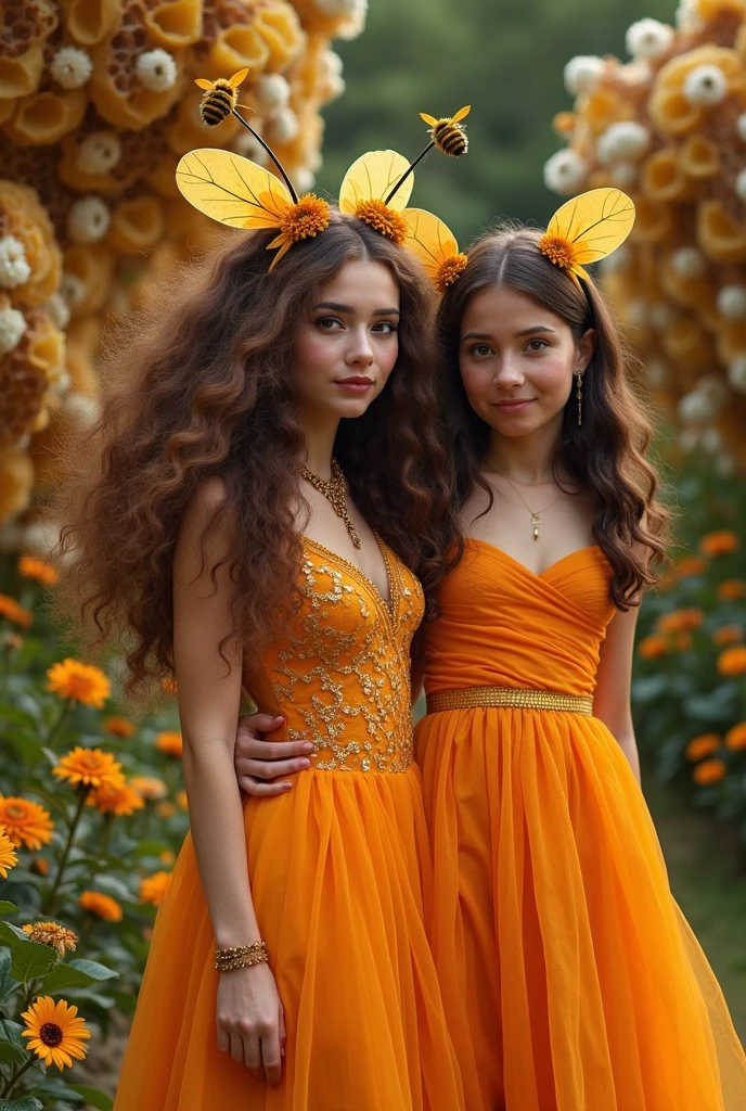 Mulher de cabelo marrom grande com antena de abelha e área de abelha com uma vestido laranja luxuosa tempo 2000-90-80 e outra garota com cabelo marrom pele branca bonita com vestido tempo 2000-90-80