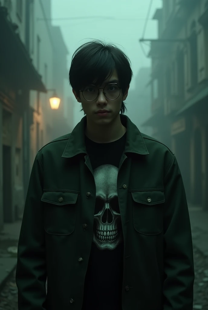 silent hill 2 graphics, guy with dark green jacket, mullet hair, glasses, age around 20, black skull t-shirt