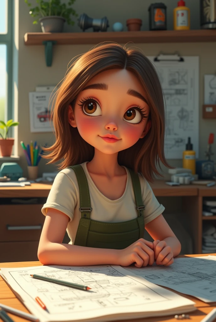 Young woman short hair shoulder length straight parted in the middle light brown color,Brown eyes, thin lips, round face, thick eyebrows, tender, short, engineer, disney type