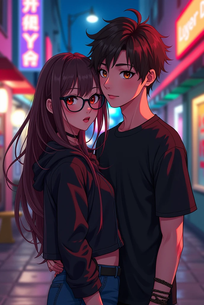 anime couple with anime woman with brown hair with red peekaboo hair underneath with hazel colored eyes and black glasses and emo outfit with an anime man with really short hair and hazel eyes and a beard with a black t-shirt and jeans.