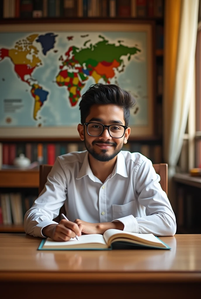 Create an Image of a boy with beared and glasses, working for Pakistan Foreign Services