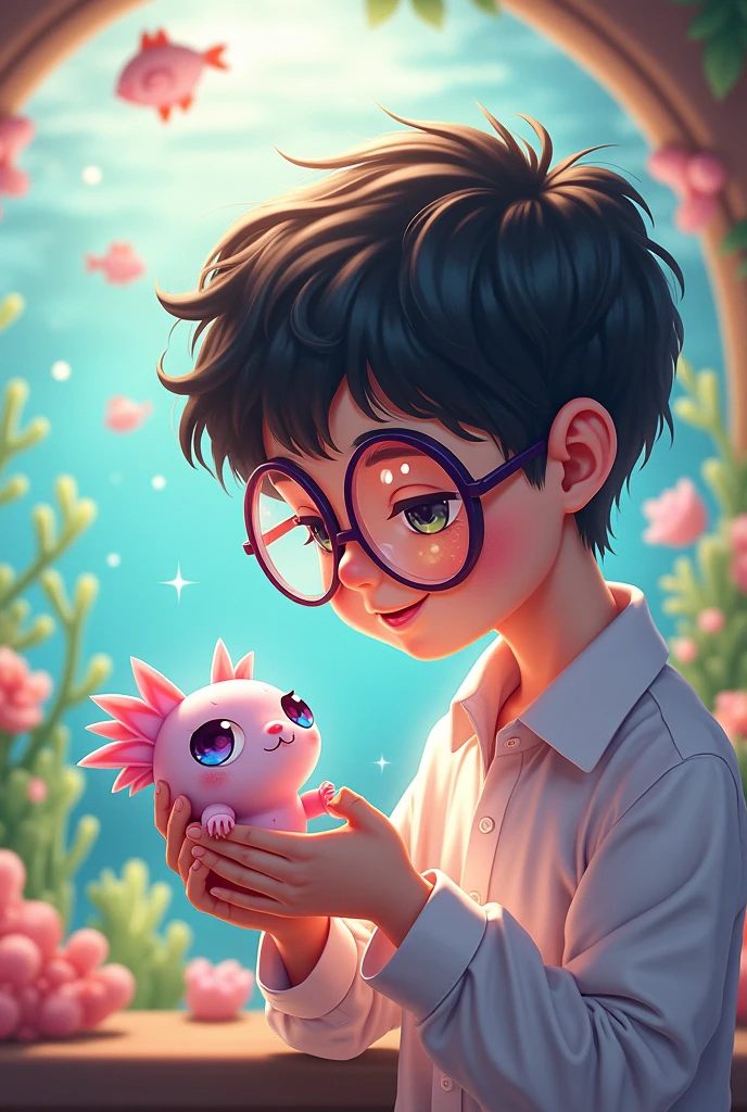 A young man wearing chibi-style glasses holding a small axolotl in his hands