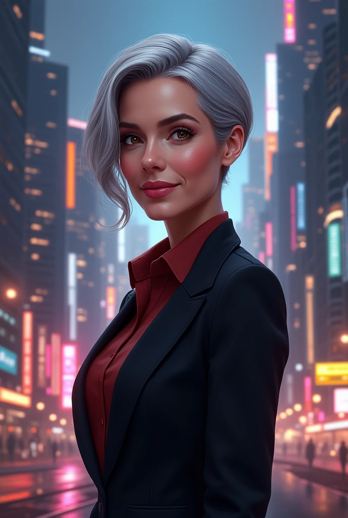 60 year old woman, His hair is very short and gray, your eyes are brown, Her skin is white, Her expression is serious and kind, Their elegant executive attire is in shades of black and brown., Digital illustration of video game characters