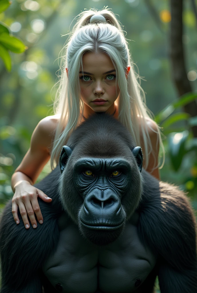 A silver-haired girl with a ponytail covering her head and face＝＝1.0   A face of a beautiful girl、A muscular black gorilla body＝＝1.0 