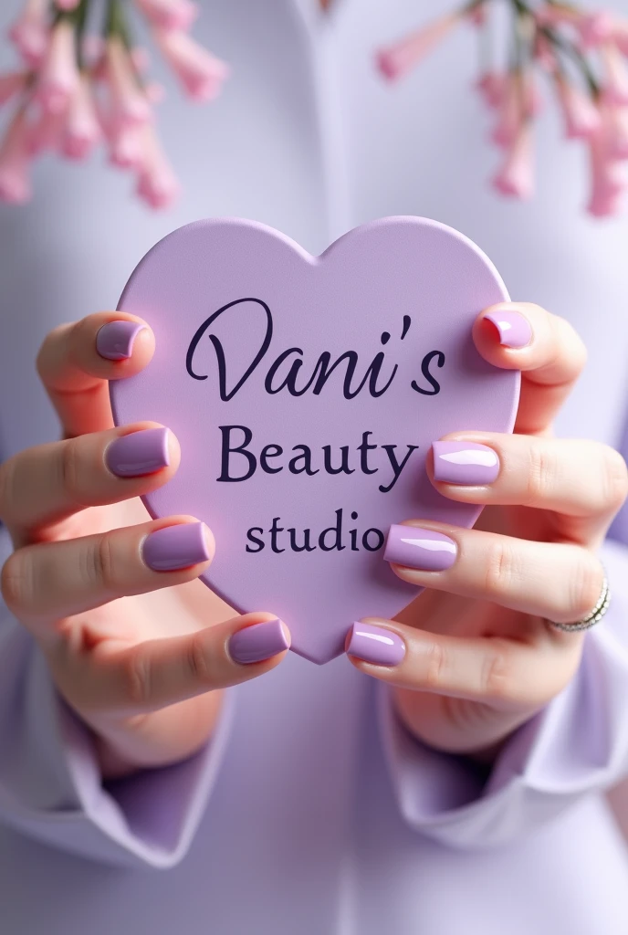 A logo related to manicures to be used as the brand of a beauty salon called "Vani's Beauty Studio " with 4 fingers showing from each hand with the same nail polish color on the nails. 3D design sketch