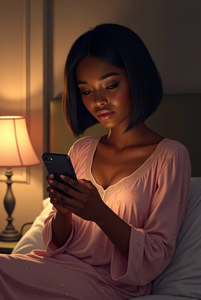 A beautiful African woman on a bob hair and a nightgown with ❤️ designs phone 📱 on Whatsapp, viewing a message from a contact "devon❤️" who sent a message💬 saying "ill be back soon my queen❤️"realistic paint 