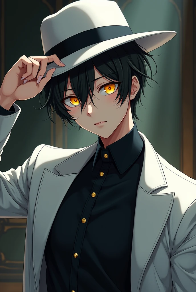 (8k, best quality, masterpiece:1.2), (anime style), RAW photo, best quality, ultra high res, best shadow, (full body:1.4), A guy with yellow eyes smiling, in a black shirt, white hat, and white coat horror, highly detailed facial features, perfect eyes one hand holds hat.