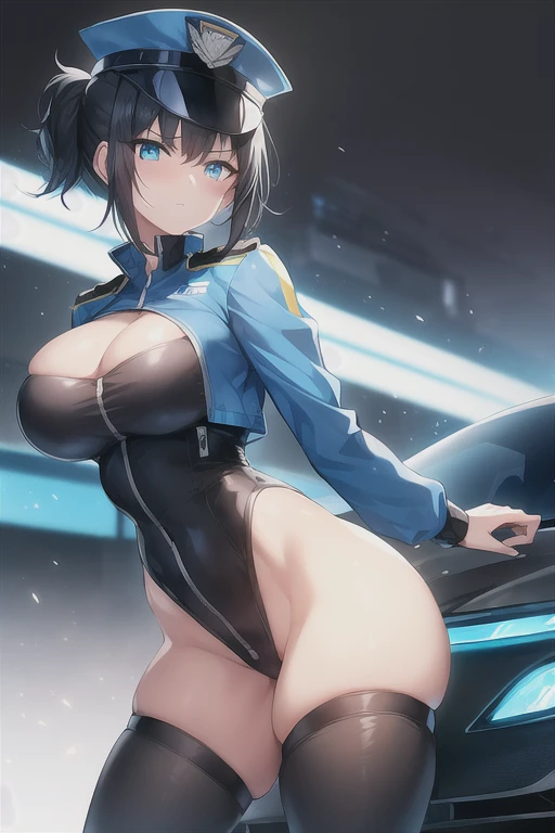 1girl, black hair, short hair, ponytail, long ponytail, blue eyes, large breasts, thick thighs, toned, hourglass figure, serious, blue jacket, bodysuit, black bodysuit, policewoman, police hat, police, neon, neon trim, futuristic, science-fiction, machinery, tech, car, race queen, sports car, police car, cleavage cutout