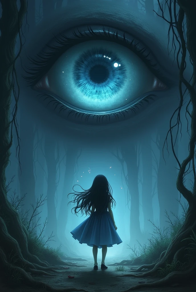 Evil spirit in the form of an eye looking at a girl