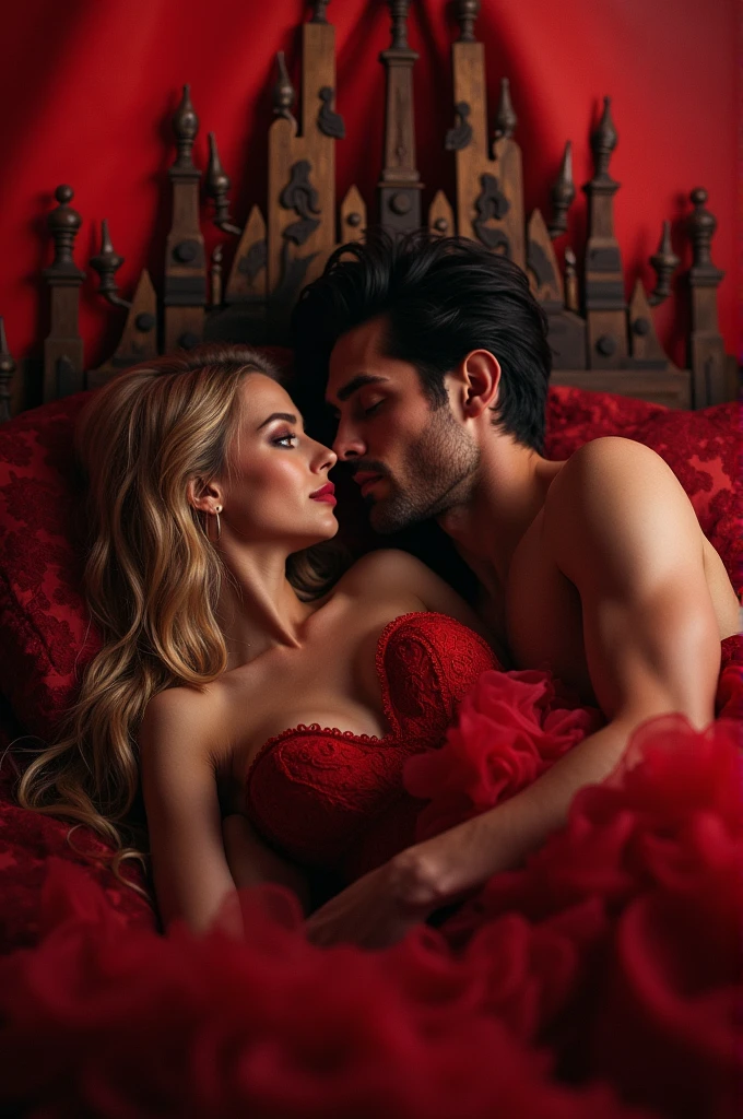 Hot couple, fantasy background red and black, in bed, she under him, fence. The woman is a 25-year-old blonde and the man, one of 33