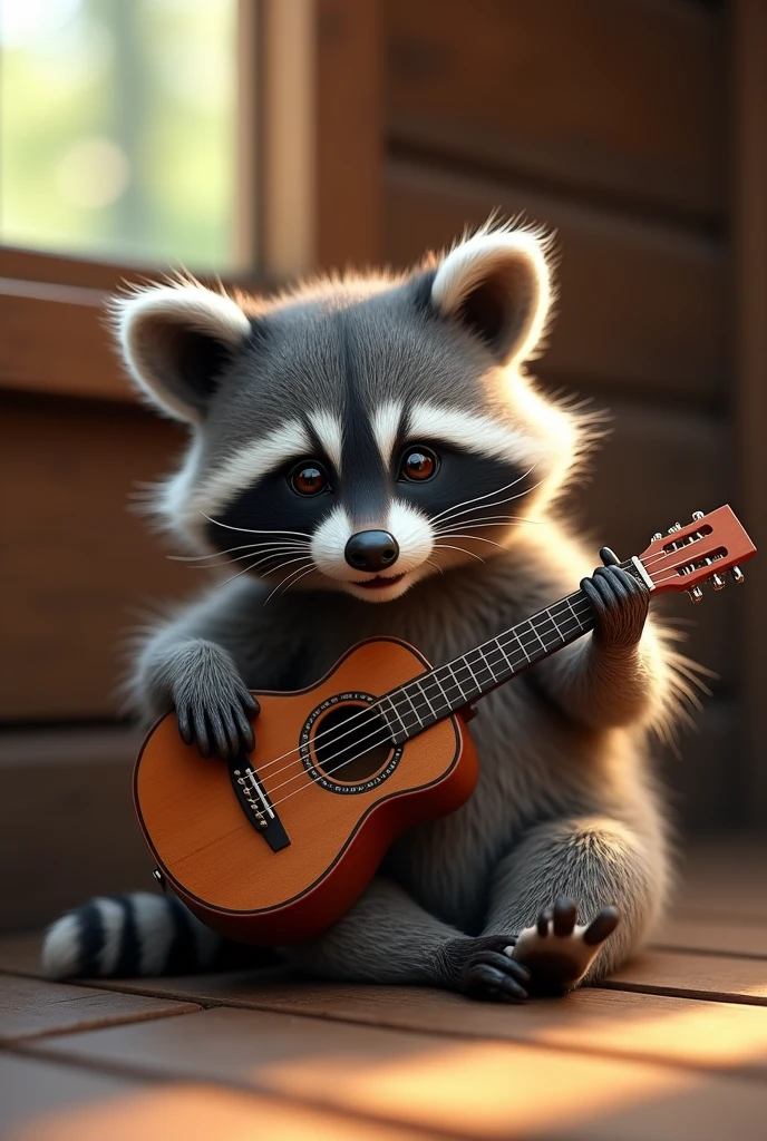 Raccoon sitting on the floor playing guitar (realistic style)