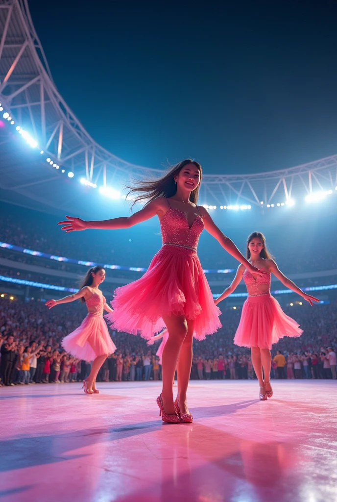 multi angle,realistic,8k,Beautiful multiple koreans dance team girls, rock dancers estilo love dance team live, dancing and singing for her fans at the stadium