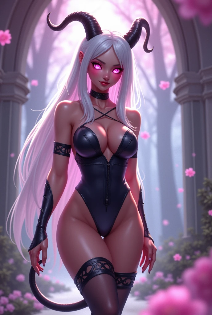 white hair. Curvy body and dainty limbs,bare breasts,sexy breasts, erect nipples. Wears a bodysuit, shorts, thigh highs with cut out holes for her upper part of her foot and her heel, she doesn’t wear shoes or undergarments. C34 cup titties and thick thighs. Pink heart eyes. Horns and tail.