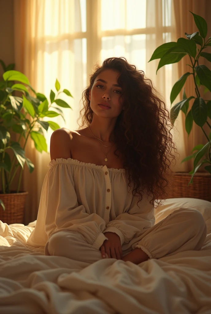 (photorealism:1.2), beautiful woman, sitting on bed, wearing loose off-shoulder top, pajama pants, long curly hair, indoors, soft lighting, plants in background, window with sunlight, cozy room, relaxed pose, realistic, intricate details, warm colors, by Greg Rutkowski, by Alphonse Mucha
