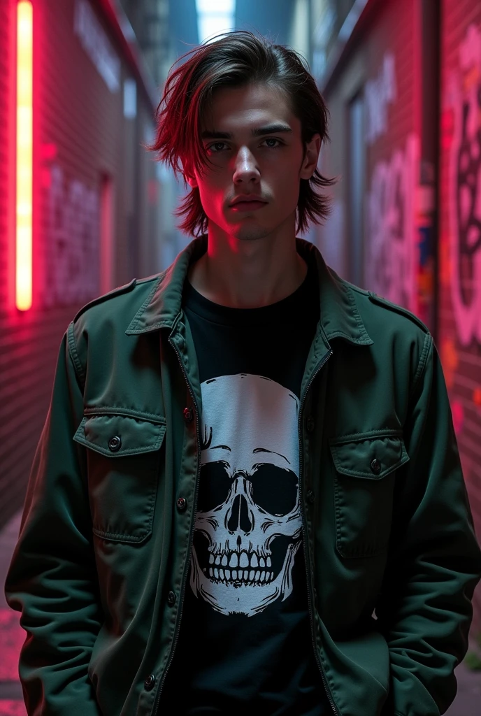 playstation 2 graphics, guy with dark green jacket, mullet hair, glasses, age around 20, black skull t-shirt
