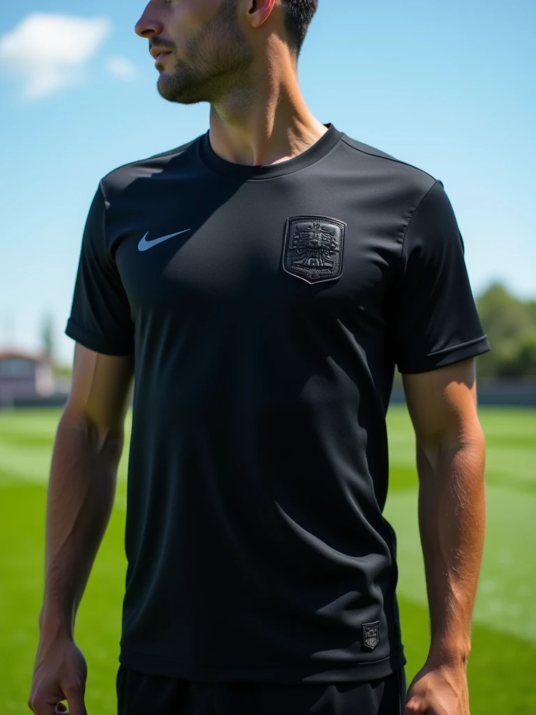A minimalist all-black soccer team uniform, A symbol of a train seen from the front in high relief on the right side of the chest