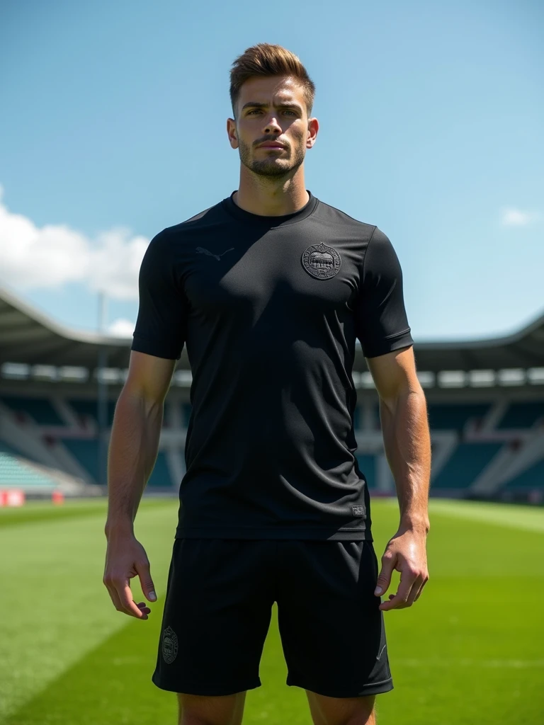 A minimalist all-black soccer team uniform, A symbol of a train seen from the front in high relief on the right side of the chest