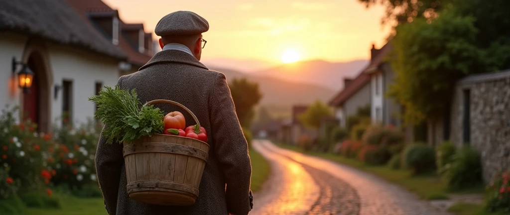 An image of a country gentleman, carrying a bucket, going home, em um vilarejo, country man, photo realist, image from bottom to top, horizon line
