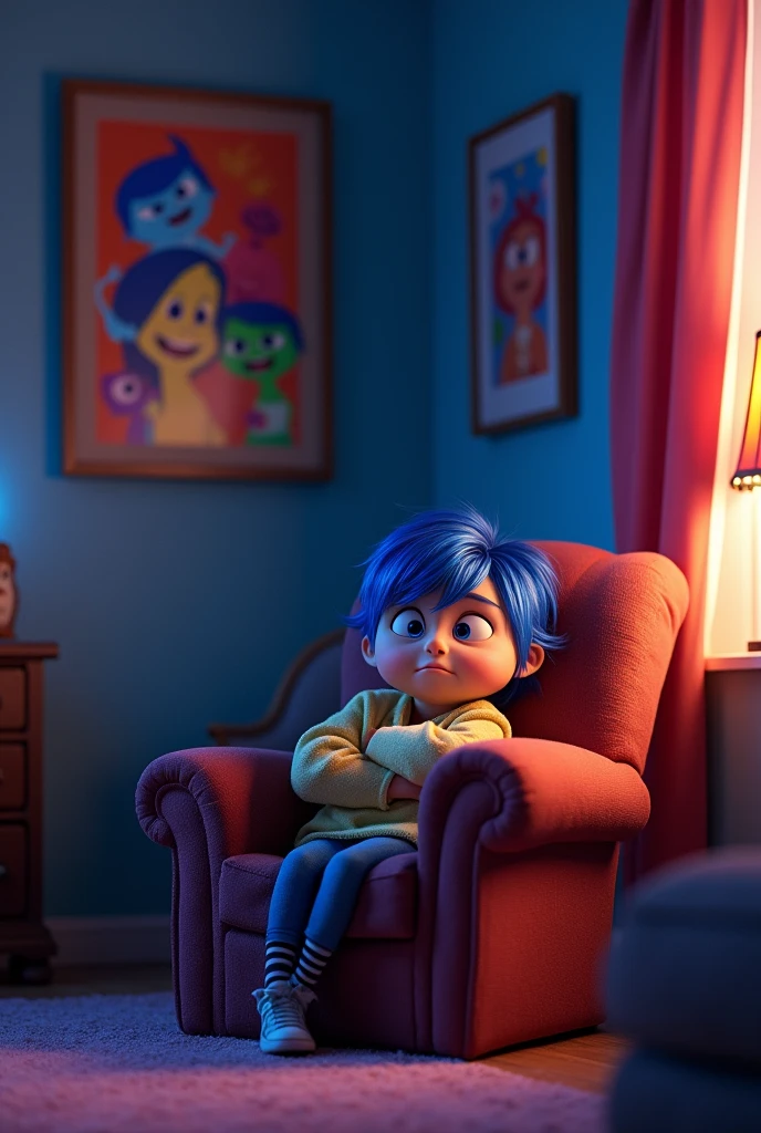 Dislike of the movie Inside Out, sitting on a chair, Disney art