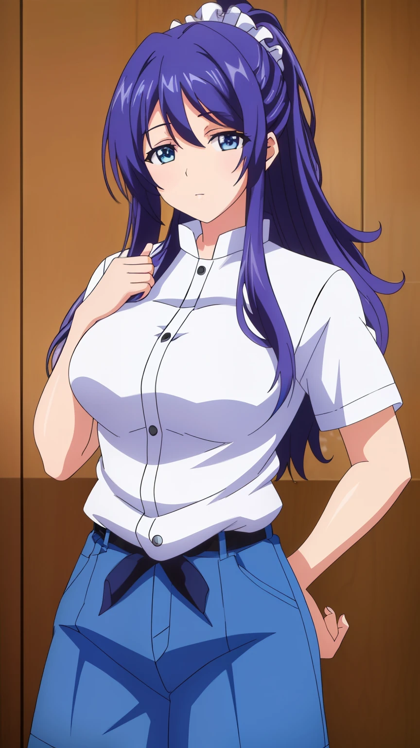 (masterpiece, best quality, high resolution, 8k:1.2), anime coloring, ReiSzkw-KJ , shirt , blue shorts , belt , hair scrunchie , looking at viewer, portrait photo, Cowboy shot,