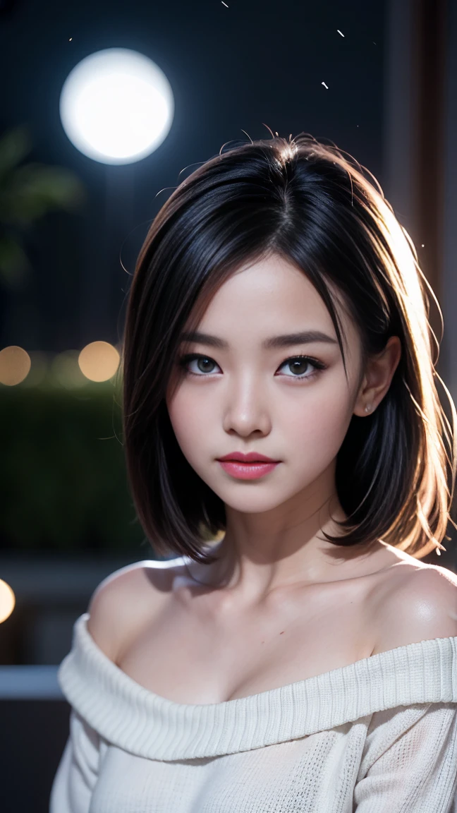 Highest quality, 8k, ((8-year-old, 10 generations,,Con,Childish, Primary school students)), face,若いface,RAW Photos, Absurd, Award-winning portraits, にこやかな笑face, White teeth,The corners of the mouth turn up,alone, (night:1.8), Idol face, Delicate,Delicate体, Upper Body, Digital SLR, View Audience, Frank, Sophisticated,Thin arms, The body is slim,Stroking the shoulder,length, Thin neck,Professional Lighting, Film Grain, chromatic aberration, (Eyes and faces with detailed:1.0) , Black-haired , Shortcuts,prohibit, double eyelid, Droopy eyes , Small breasts,Knitted Products,White knitwear,Knitted Products,texture,Too much exposure,shoulders protruding,((Drop shoulder)),I can see your chest,I can see your chest,I can see your chest,Cleavage,A light Shines in my chest,Shine胸,Shine胸,Shine,