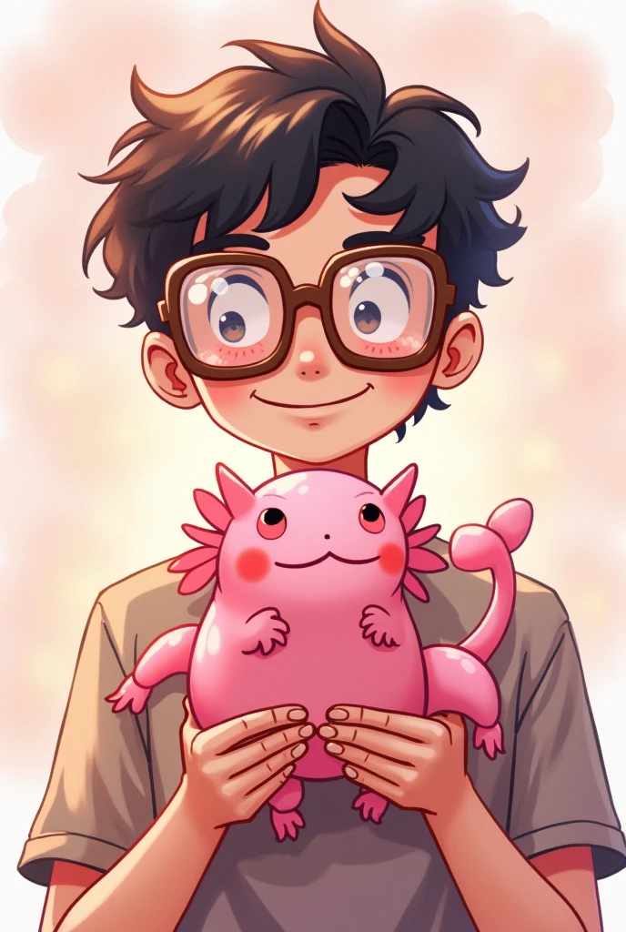A young man with chibi-style glasses holding a small axolotl in his hands for a profile picture.
