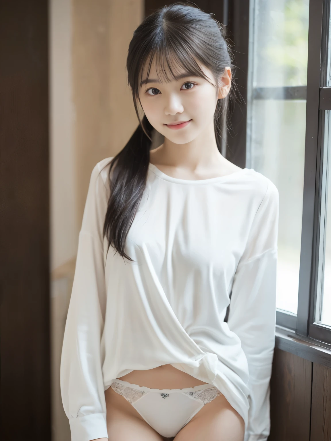 masterpiece, highest quality, 8K, , RAW photo, disorganized, award-winning portraits, alone, noon, idol face, delicate face, Digital single-lens reflex camera, looking at the viewer, shy smile、shame、flushed cheeks、thin arms, small breasts, nipples, small ass、thin waist、Frank, Sophisticated, like々New, thin arms, professional lighting, film grain, black eyes, chromatic aberration, (detailed eyes and face:1.0), (Bokeh:1.1),(hyper pretty face:1.3),(medium black hair:1.4),white long sleeve blouse, (white panties, pale color:1.4), above the knee, (angle from front:1.3),(low ponytail:1.3)