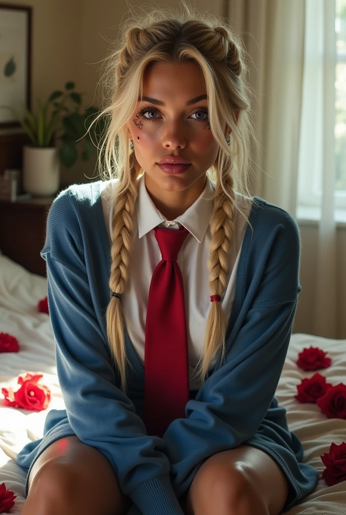 blonde woman, haircut with two long mohawk braids, mohawk, uses two braids, he is 24 years old, brown tanned skin, she is a very beautiful woman, too tanned, europea, perfect features, symmetrical face, purple eyes, very narrow waist, very slim and toned body, symmetrical body, 8K quality photo, suggestive lips, mischievous look, big breasts, shows her navel, slim and toned legs, HdR, real photography, Professional photography, her skin is beautiful, full and suggestive lips, pink lips, mischievous smile, perfect teeth, white teeth, She is an extremely beautiful woman that you can stop looking at, she is the most beautiful woman in the world, his skin is sweaty, very sweaty skin, facing the camera, (sexy schoolgirl uniform), schoolgirl uniform, (white shirt and red tie around the neck), very wet skin, (blue sweater and blue skirt), extremely sexy, wet clothes, wet clothes, wet chest, wet clothes, wet skin, sitting on bed near window1.5), roses in bed, she is spreading her legs, she is showing her panty, she is open her legs widely, smudged mascara, (mascara tears), mascara tears negro, very wet face, sweat on the face, drops of sweat, smudged eye makeup,