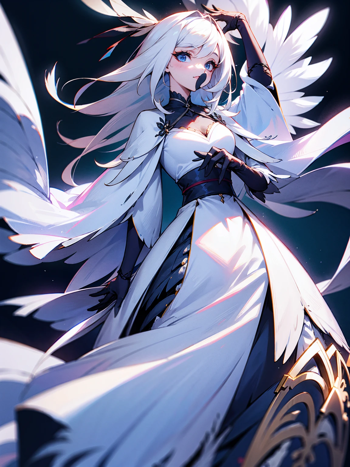 1female, feathered hair, dress, white hair,