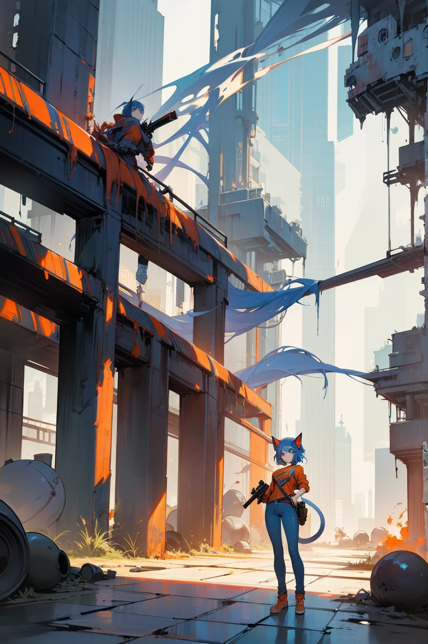 new York, apocalypse, zombies, , retro style, girl in tight jeans, tail on head, Blue hair, gun in hand, orange clothes, blue, black and white. blue eyes
