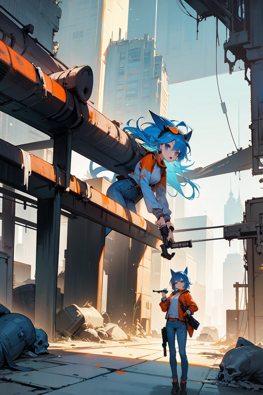 new York, apocalypse, zombies, , retro style, girl in tight jeans, tail on head, Blue hair, gun in hand, orange clothes, blue, black and white. blue eyes
