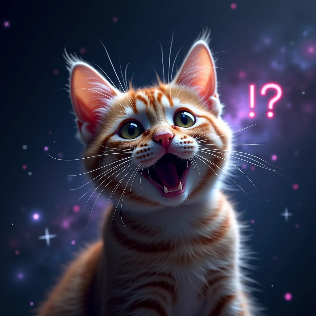 Close up of a scared cat, Space background (stars and galaxies shining beautifully), space cat, big fit ass "!?" on the screen is written in big fit ass letters on the screen,