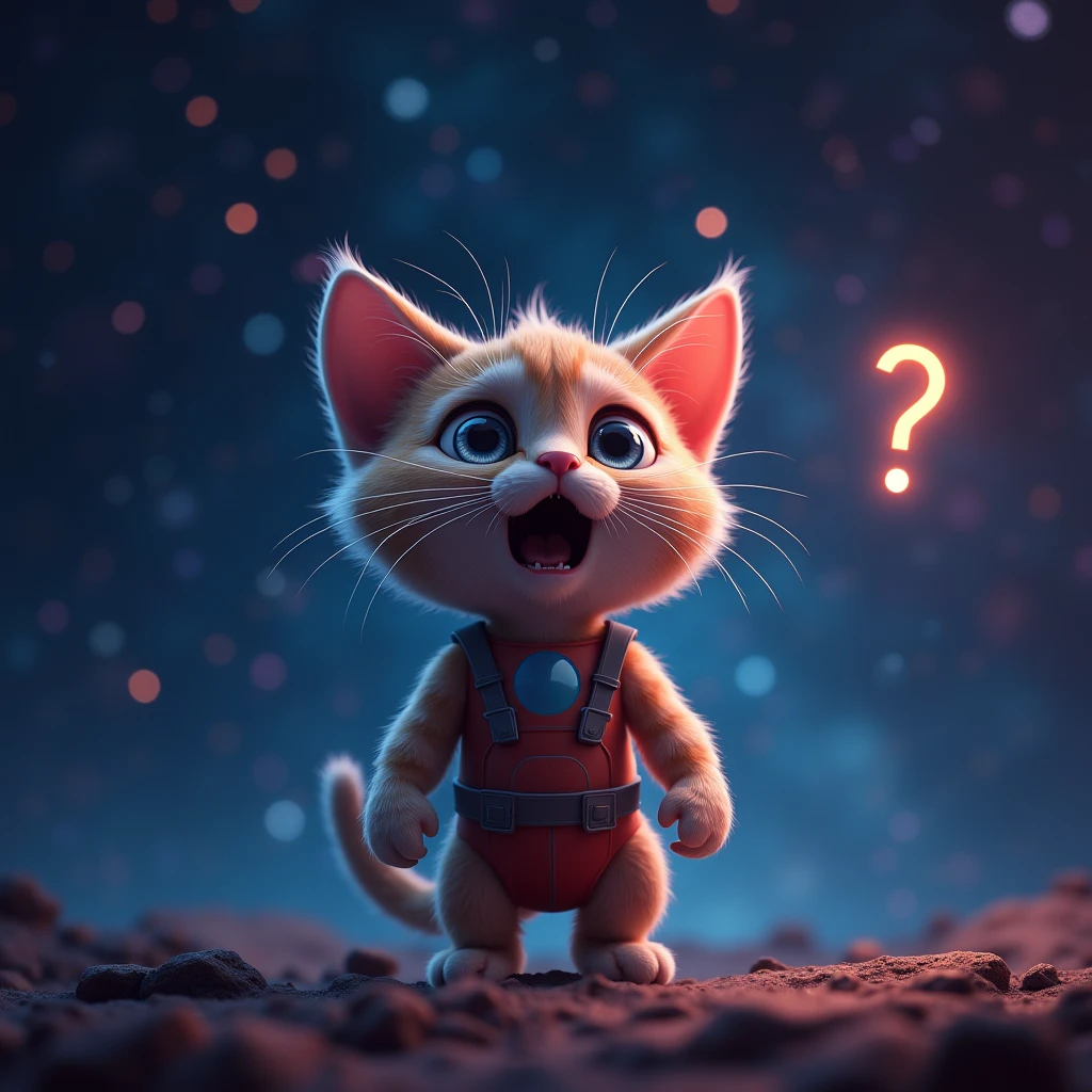 Close up of a scared cat, Space background (stars and galaxies shining beautifully), space cat, big fit ass "!?" on the screen is written in big fit ass letters on the screen,