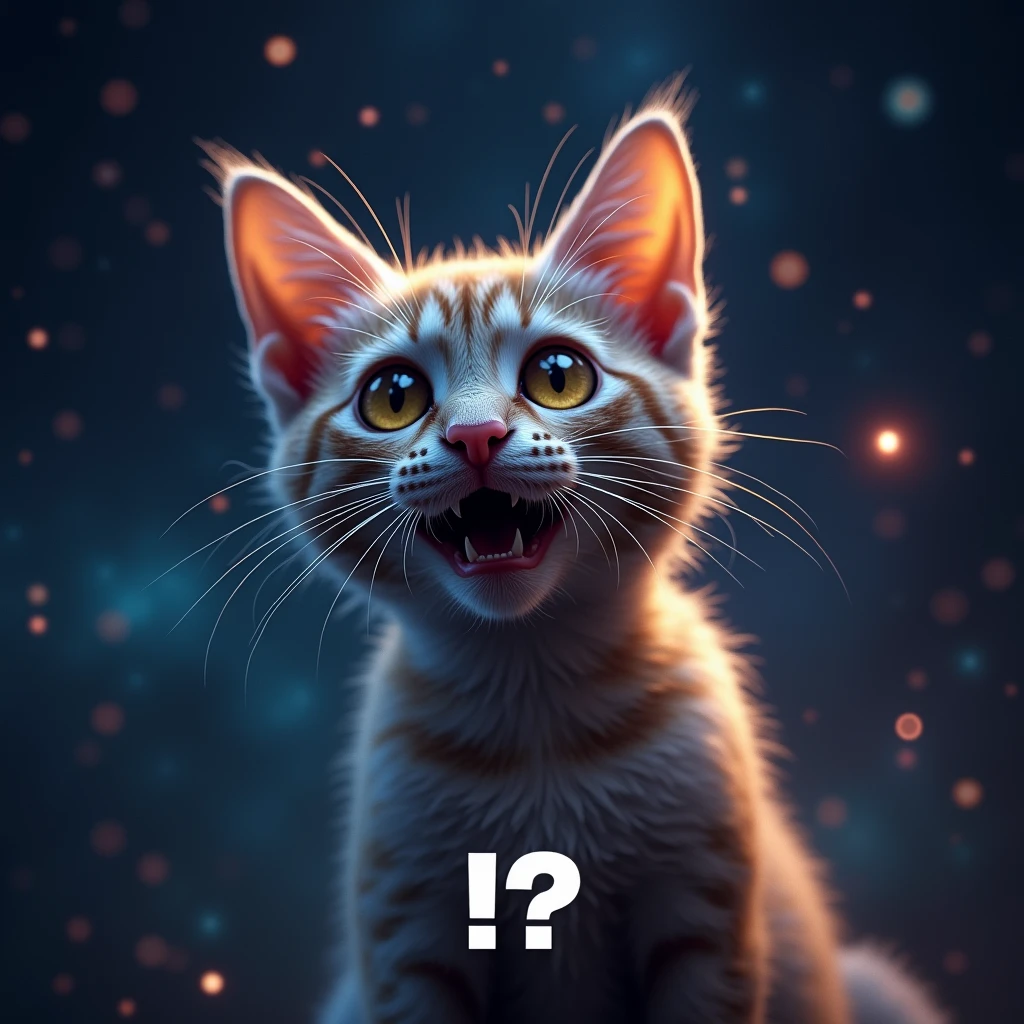 Close up of a scared cat, Space background (stars and galaxies shining beautifully), space cat, big fit ass "!?" on the screen is written in big fit ass letters on the screen,
