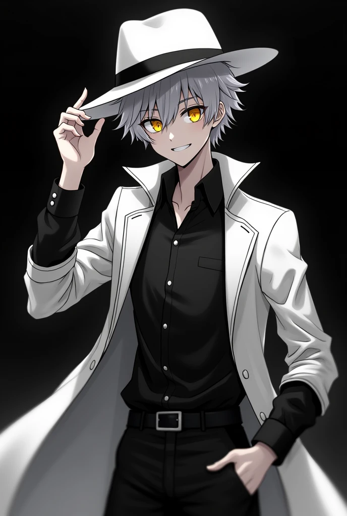 (8k, best quality, masterpiece:1.2), (anime style, black and white style), RAW photo, best quality, ultra high res, best shadow, (full body:1.4), A guy with yellow eyes smiling, in a black shirt, white hat, and white coat horror, highly detailed facial features, perfect eyes one hand holds hat.