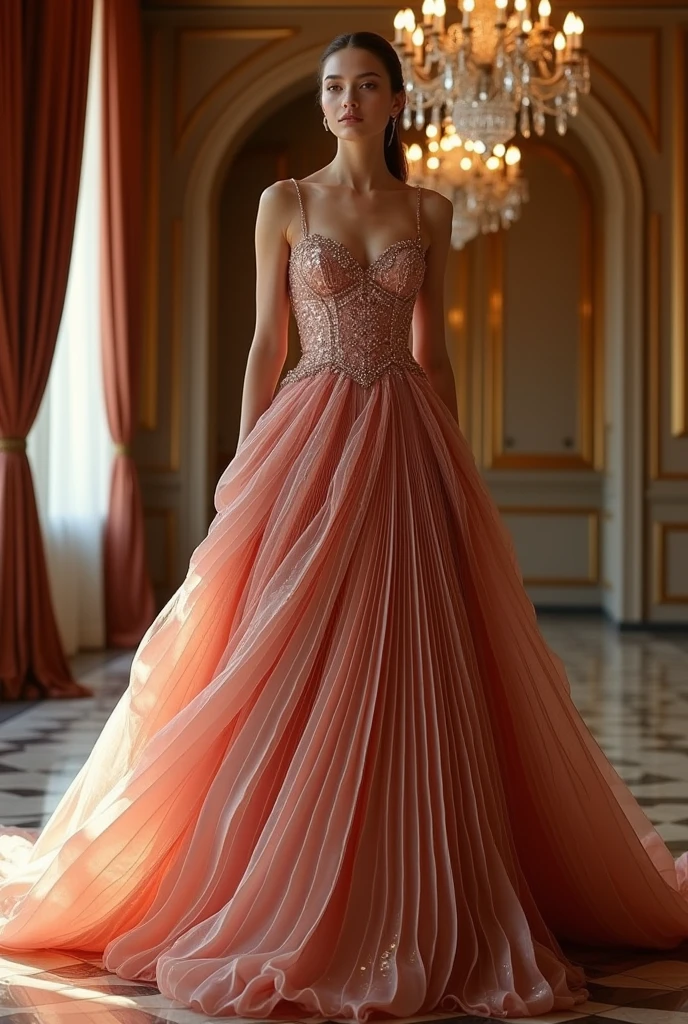 Create a dress in an image, It is the color of a rosy metal with highlights and pleats that create modern and eye-catching touches on the silhouette. The neckline is plain and the straps are straight, and it is all complemented by a corset that outlines and accentuates my figure and a thick skirt that falls in several layers.