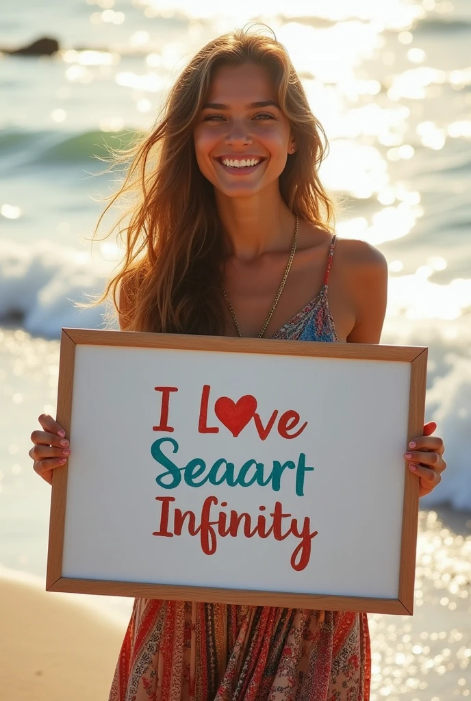 Beautiful girl with wavy long hair, bohemian dress, holding a white board with text "I Love Seaart Infinity" and showing it to the viewer