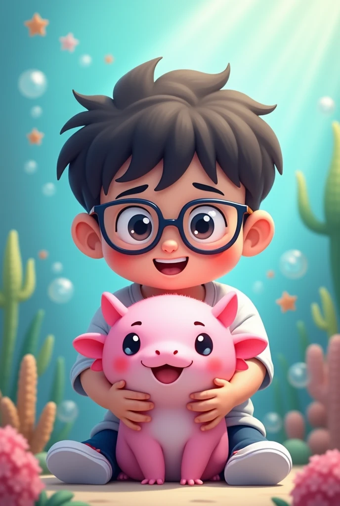 A young man with chibi-style glasses holding a small axolotl in his hands for a profile picture.