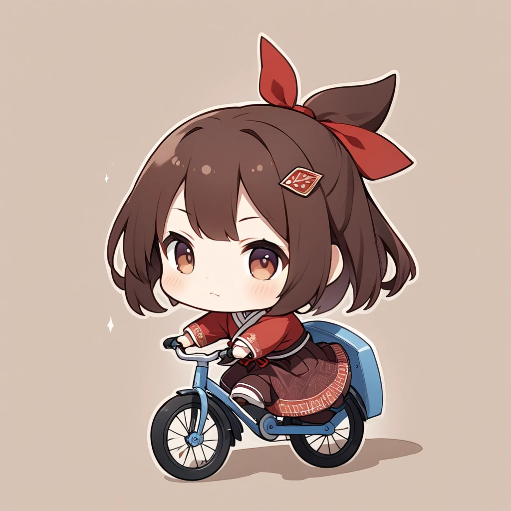 ultra-small deformation, Chibi Cute, 1girl, solo, full body, Riding a Bicycle, brown long hair, Red ribbon hair ornament, Purple arrowhead pattern with Reddish brown hakama, boots, Female students in the Taisho period, simple background, [Haikara san ga Tooru]
